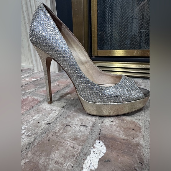 Jimmy Choo Glitter Platform Heels Size 38 EU /8 US Gold Silver Sparkle Stilettos - Picture 9 of 16